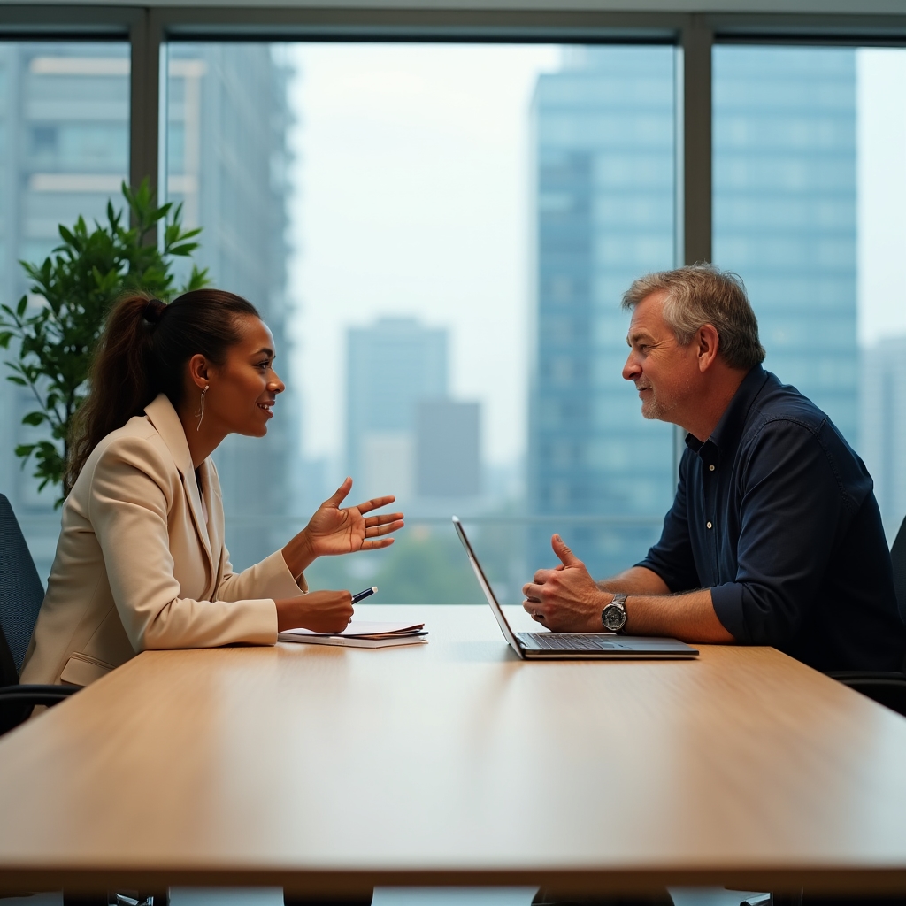 Two professionals in a focused one-on-one review discussion in a bright office